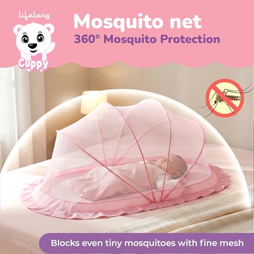 Image of Lifelong Cuppy Baby Mosquito Net for Kids 0-2 Years | Foldable & Bottomless with Soft Breathable Mesh | Lightweight & Portable | Safe & Sturdy Umbrella Net 90x60x45 cm (Pink,LLCMNK03)