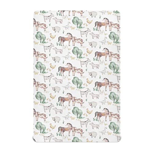 Image of Farm Animals Horse Cow Crib Sheets Soft Breathable Fitted Baby Crib Sheets Mattress Cover for Girl Boys, 52 inch x 28 inch x 9 inch
