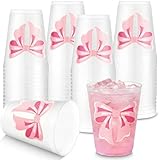 Tioncy 50 Pcs 16oz Pink Bow Frosted Cups, Coquette Bow Plastic Frosted Cups, Valentine's Day PP Plastic Pink Bowknot Cup for Hot Cold Drinkware Valentine's Birthday Wedding Party Supplies Decorations