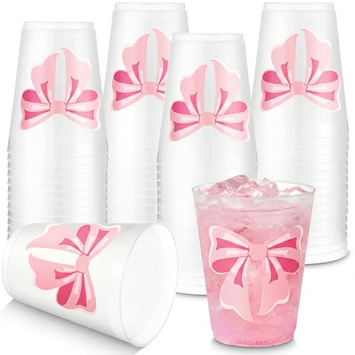 Tioncy 50 Pcs 16oz Pink Bow Frosted Cups, Coquette Bow Plastic Frosted Cups, Valentine's Day PP Plastic Pink Bowknot Cup for Hot Cold Drinkware Valentine's Birthday Wedding Party Supplies Decorations