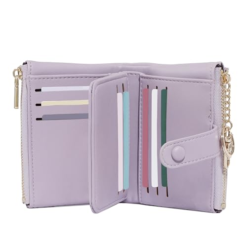 Sunwel Fashion Small Vegan Leather Wallet for Women RFID Blocking Ladies 13 Card Holder with Double Zipper Pocket (LAVENDER)