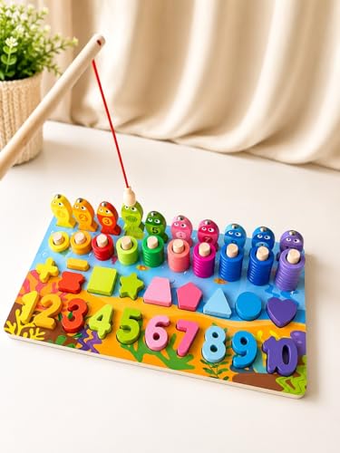 Image of Toywood 6-in-1 Wooden Montessori Learning Board for Kids - Fishing Game, Number & Shape Sorting, Counting Rings, Math Puzzle & Color Matching Educational Toy for Toddlers