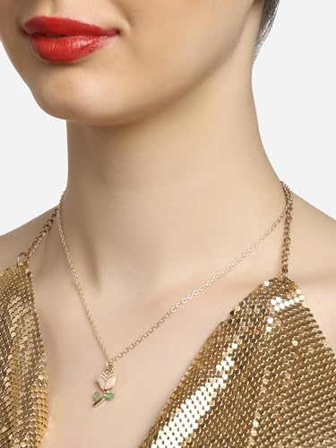 Image of ZAVERI PEARLS Pink & Green Enamelled Beautiful Rose Contemporary Pendant & Chain For Women-ZPFK16784