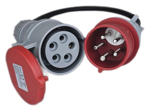 RoadEu - CEE Adapter 32A auf 32A mit Phasenwender – Starkstrom Verlängerung 32A Stecker auf Kupplung – 0,5m Gummikabel 5x4mm² – Industrie & Baustelle – IP44