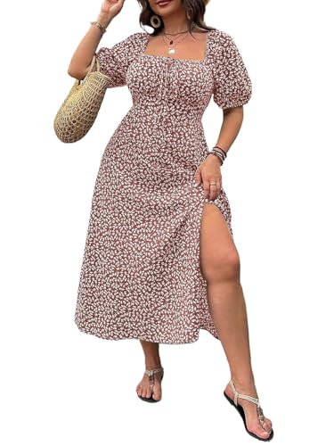 Women Plus Size Dress Puff Sleeve Floral Split A Line Maxi Dress Boho Tie Front Casual Beach Long Dresses