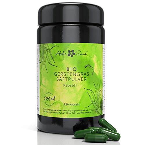 Aloha Sana | Gerstengrassaft Kapseln BIO 220 Kapseln in Rohkostqualität | Gerstengrassaft im Ultraviolettglas für eine lange Haltbarkeit | Vegan und laborgeprüft aus Deutschland Cover