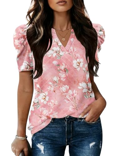Image of LOMON Spring Summer Tops for Women 2026 V Neck Puff Short Sleeve Tops Fashion Trendy Work Blouses Dressy Casual S-XXL