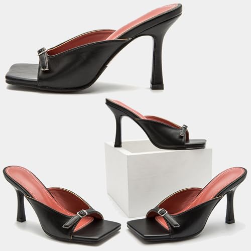 Open Square Toe High Heels Slides for Women Stilettos Heeled Sandals Adjustable Single Band Slip on Comfort Sexy Dress Heeled Mules2