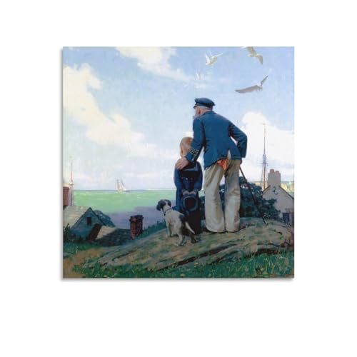 JU XIANG Old Man And Boy Looking at The Sea Poster