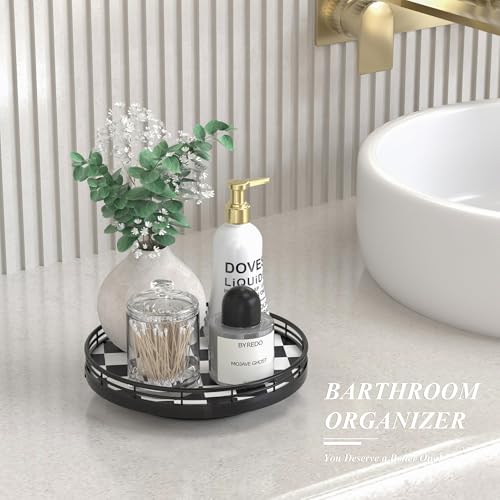 Image of Black and White Kitchen Lazy Susan Turntable - Checkered Round Decorative Tray, 9 inch Table Top Oak Wood Lazy Susan for Cookies, Dining Table Organizer, Small Kitchen Table Centerpiece