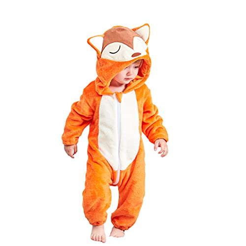 BriskyM Neugeborenes Baby Cartoon Overall Fleece Langarm Tier Mit Kapuze Reißverschluss Lange Hose Strampler Halloween Kleidung (6-12 Months, Fuchs)