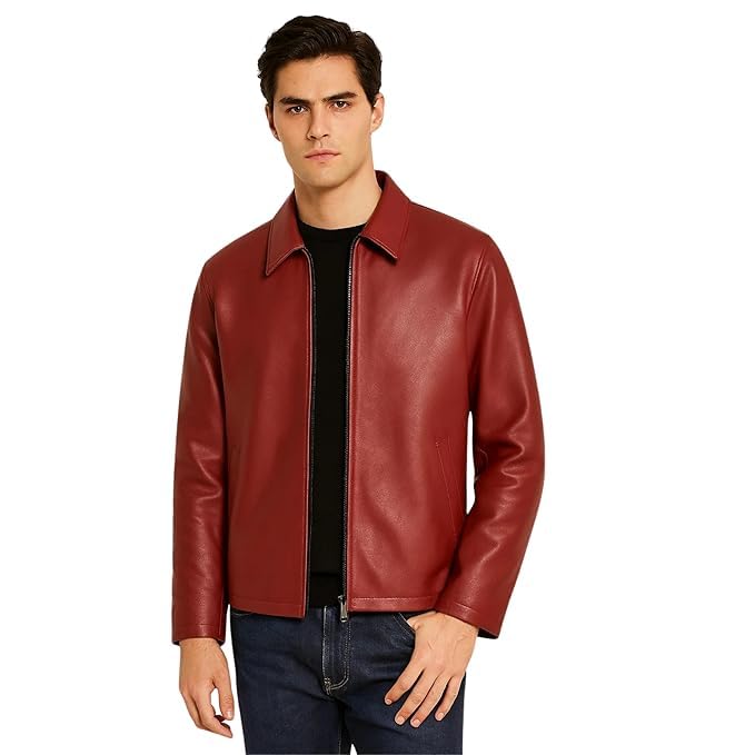 Gigavibe Men's Faux Leather Jacket, Red, Zip-Up, Spread Collar, Classic Style | Classic Leather Jacket, Casual Style, Outerwear Burgundy-picture-30