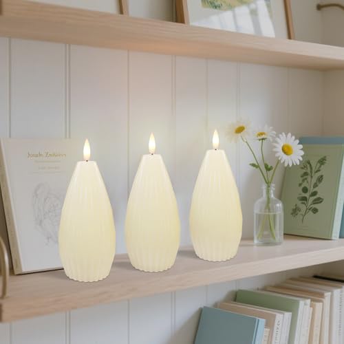 Image of Ivory White Ribbed Flameless Candles Battery Operated with Remote Geometric Aesthetic Flickering LED Real Wax Candle Vintage Home Decor for Christmas Table Fireplace Mantel, 3 Pack