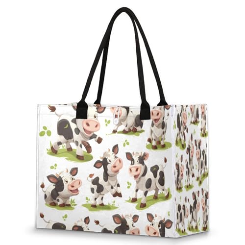 QsirBC Cute Cows Large Beach Tote Bag for Women Adequate Capacity Kitchen Reusable Grocery Bag with Inner Zipper Pocket Travel Tote Handbag for Beach Pool Shopping Daily Use