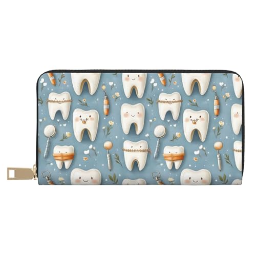 Leather Thin Slim Wallets for Women & Men - Cartoon Cute Teeth Print Card Wallet Holder with Zipper