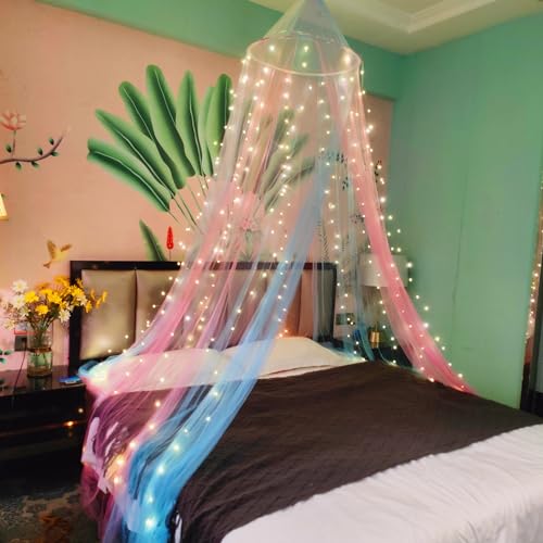 Image of Two-Tone Bed Canopy Mosquito Net, Bed Canopy for Girls Room Decor - Insect Protection Hanging Canopy for Indoor(Pink+Blue)