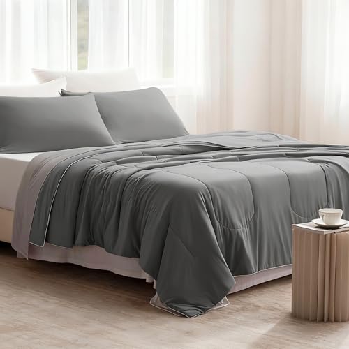 SLEEP ZONE Twin Cooling Comforter Set for Hot Sleepers, Nanotex Cooling Blanket，3 Pieces Jersey Knit Bedding, Reversible Cool Feeling, Soft and Breathable with 2 Pillowcases, 1 Comforter (Dark Grey) - image 1