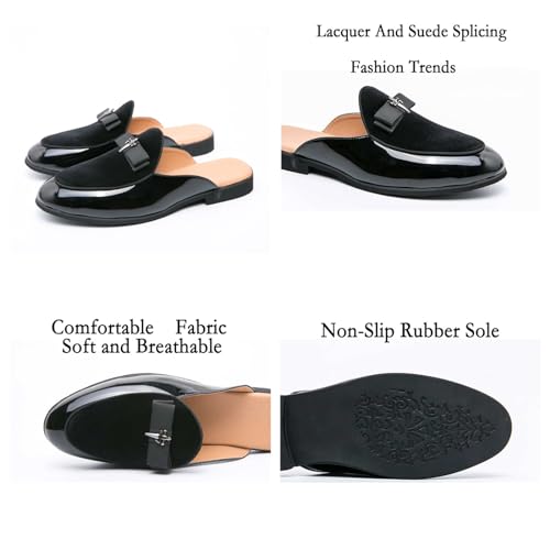 Men's Bowtie Patent Leather Slip-On Mules Slippers,Flats Stylish Formal Backless Loafers Work Slides Casual Half Loafers Sandals3
