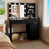 YESHOMY Vanity Desk with Mirror, 10 Lights, Power Outlet and 3 Storage Shelves, Makeup Table with 2 Drawers & 1 Cabinet, 3 Color Modes, for Bedroom, Black
