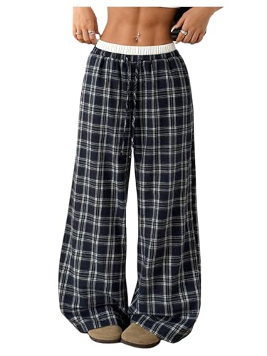 Girl's Plaid Wide Leg Track Pants Elastic Waist Baggy Long Trousers with Pockets