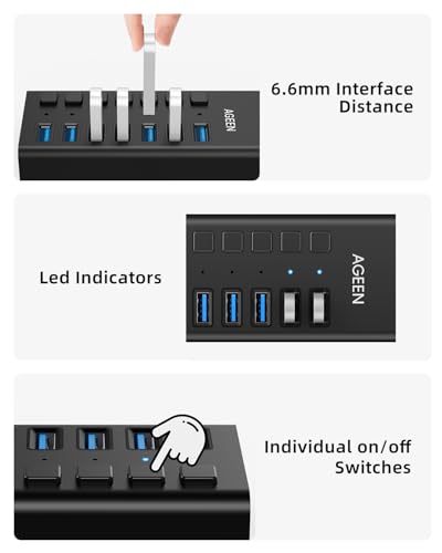 Image of AGEEN 7-Port USB 3.2 Gen 2 Hub, 10Gbps High-Speed Aluminum Powered Hub with 24W Adapter, Individual Switches & Surge Protection for PC /Laptop, Flash Drive, Printer, Camera