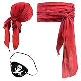 CoolChange Piraten Kostüm Set | mit Kopftuch, Piratenschärpe & Augenklapee | Freibeuter Verkleidung | Rot