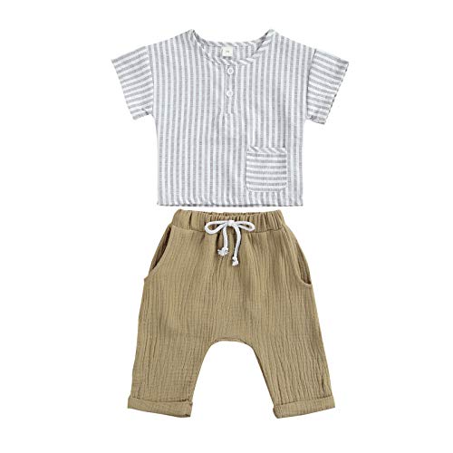 2Pcs/Set Newborn Baby Girls Boys Short Sleeve T-Shirt Top + Drawstring Shorts Casual Summer Clothes Set 0-3Y (Stripe+Khaki, 0-6M)