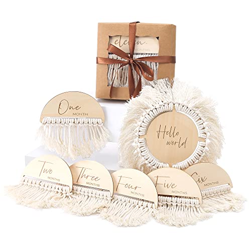 Boho Baby Monthly Milestone Cards | 7 Pcs Wooden Double Sided Discs From Newborn To 1 Year | Baby Gift Sets Incl. Hello World Baby Birth Announcement Sign For Baby Shower & Photo Props #TOP12
