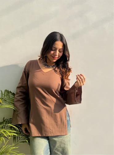 Image of ANNI Designer Short Kurti for Women Solid Design | V Neck Full Sleeve Kurti Tops for Women | Stylish Kurtis & Short Kurtis for Woman | Casual Kurti with Jeans | Kurtas for Woman