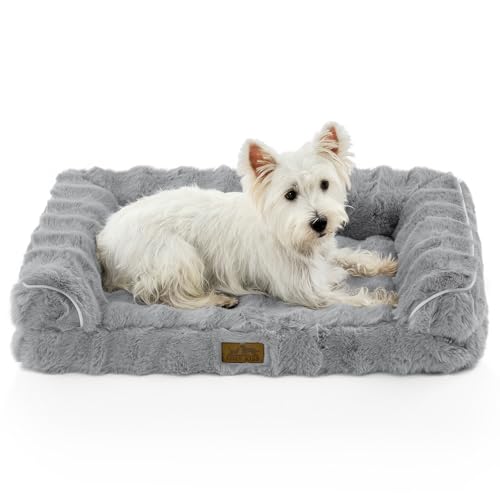 COZY KISS Faux Rabbit Fur Orthopedic Dog Bed, Dog Bed for Medium Size, Supportive Foam Pet Sofa with Waterproof Lining Cover, Washable U-Shaped Pet Couch with Anti-Slip Bottom, Grey M 30x20x6.5 inch
