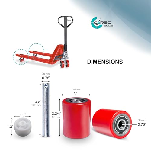 pallet jacktruck load wheels full set with axles and entry exit roller 334 x 37534 with bearings id 20mm poly tread red