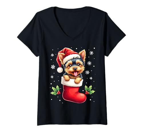 Mujer Yorkshire Terrier Christmas Stocking Puppy Dog Lover Holiday Camiseta Cuello V