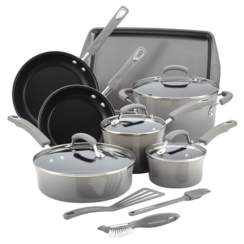 Rachael Ray Brights Nonstick Cookware Pots and Pans Set, 14 Piece, Sea Salt Gray