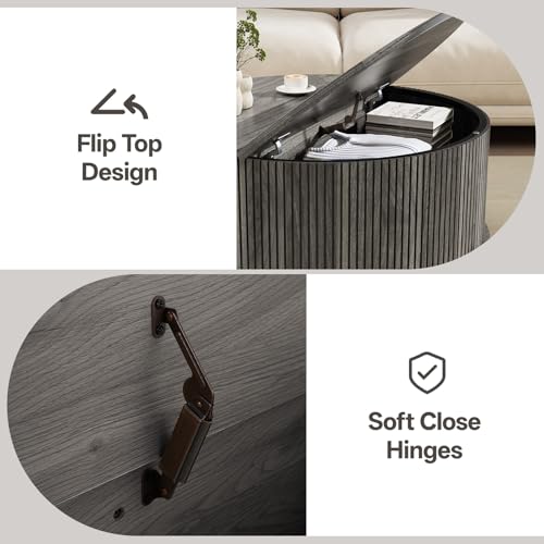 Image of Round Coffee Table with Storage, Mid Century Modern Coffee Table, Fluted Dining Table with Sliding Door, Circle Coffee Table for Living Room Home Office, 31.5 inch, Gray