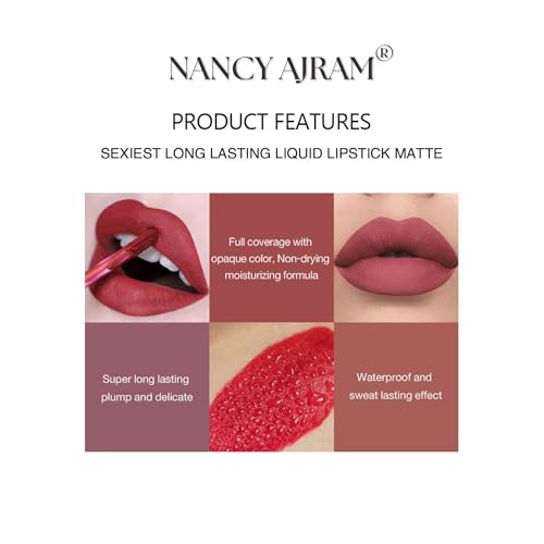Image of NANCY AJRAM 6Pcs Liquid Matte Nude Lipstick Set - Velvet Waterproof Mini Lipstick Kit for Women, Non-Stick Formula