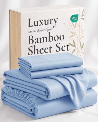 Hotel Sheets Direct 4 Piece Bed Sheet Set Queen Size, 100% Viscose Derived from Bamboo Sheets Set with 2 Pillowcases, Cooling & Breathable Luxury Bedding, Moisture-Wicking & Silky Soft, Light Blue