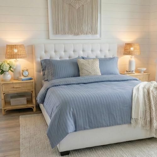 Image of Naksh Bedsheet for Double Bed King Size Stripes 210 TC with 2 Pillow Covers | 100% Pure Cotton Bedsheets | Breathable Fabric for Cool, Comfortable Sleep | King Size Bed Sheet Cotton | Jean Blue |