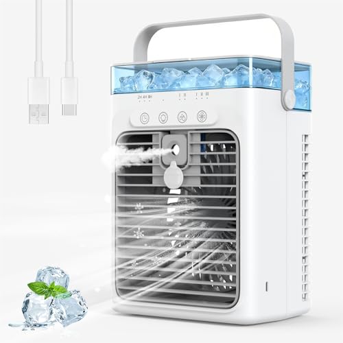 Aire Acondicionado Portátil, Mini Enfriador de Aire, Enfriador de Aire Evaporativo Personal, Mini Aire Acondicionado, Climatizador Móvil para Coche, Escritorio, Camping, Dormitorio y Oficina