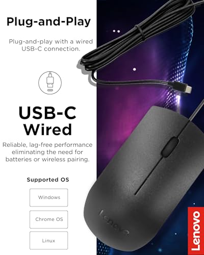 Image of Lenovo USB-C Wired Mouse, Full Size, Ambidextrous Design, Black, Ergonomic Shape, Precision Sensor, Plug-and-Play for Right and Left-Handed Users, Durable Performance Gaming PC