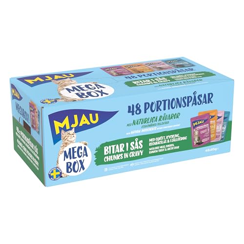 Mjau MEGABOX 48 x 85 g Carne y Pescado en Salsa Comida para Gatos con Trucha de mar, salmón, Pollo y Carne de Vacuno, Comida húmeda para Gatos en Paquete económico