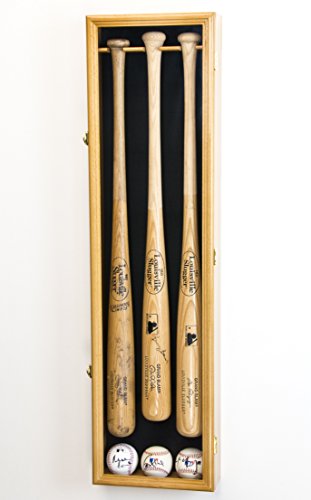 3 Baseball Bat Display Case Cabinet Holder Wall Rack W/Uv Protection - Lockable -Oak #TOP7
