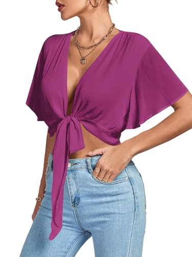 Image of LYANER Women's Sexy Deep V Neck Tie Front Wrap Cropped Blouse Bell Short Sleeve Ruffle Crop Tops