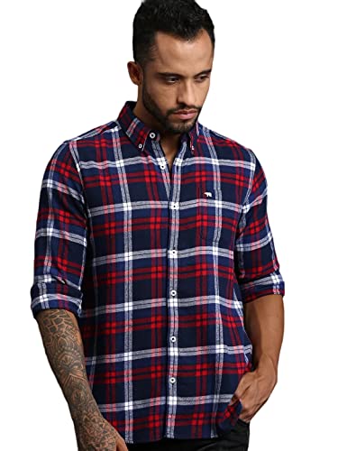 Image of THE BEAR HOUSE Men's Cotton Blue & Red Checks Slim Fit Shirt | L |TBH-Bud-BL-L |