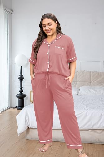 Image of Vozanet Women's Plus Size Pajamas Button Down Shirt and Pants Soft Lounge Sets Bride Nighty Bottom with Pockets 1x to 5x