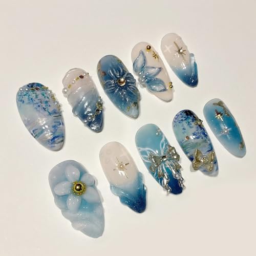 30Pcs Handmade Blue Press on Nails with Medium Almond Fake Nails with Gold Beads Charms Rhinestones Designs 3D Butterfly Flower Star Pearl Pattern Full Cover French Nail Tip Glue on Nails for Women