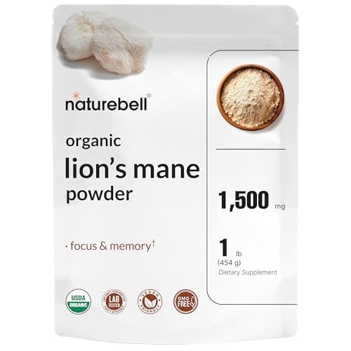 NatureBell Organic Lions Mane Powder 1,500mg Per Serving, 1lb | Whole Fruiting Body & Mycelium Mushroom Source – Focus, Memory, & Immune Health Supplement – Non-GMO, Vegan