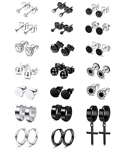 BOMAIL 20 Pairs Black Stud Earrings for Men Women - Stainless Steel Stud Earrings Small CZ Stud Earrings Piercing Huggie Hoop Earrings Set Jewelry