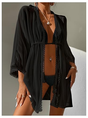 SHENHE Women's Beach Kimono Swimsuit Cover Up Tassel Tie Front Lace Trim Flowy Beach Coverups4