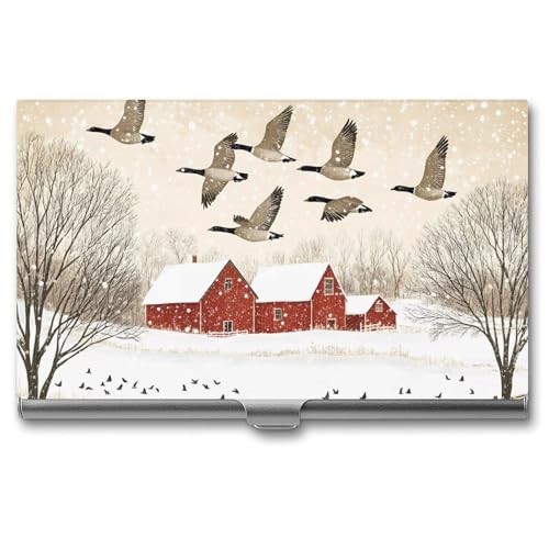 Flying Geese Snow Red House Business Card Holder Slim Credit Case Pocket Name Case Wallet for Men Women