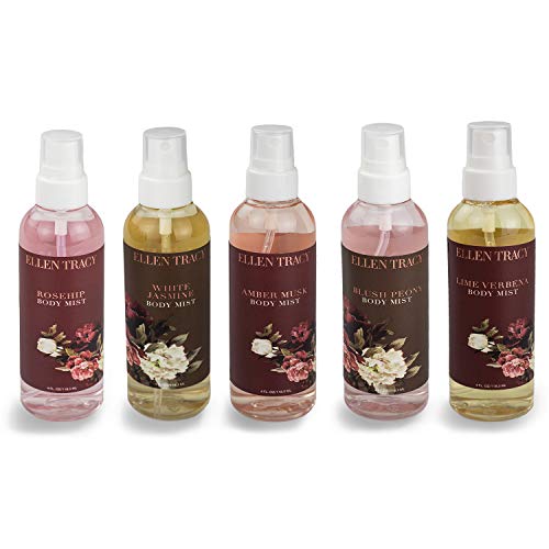 Ellen Tracy 5 Pc Body Mist Collection, Body Mist for Women, Body Spray Set in 5 Soothing Scents - Rosehip, White Jasmine, Amber Musk, Blush Peony and Lime Verbena, 4 Fl Oz Bottles